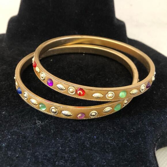 Two Multicolored Rhinestone Gold Stones Bangle Bracelets - Picture 2 of 16
